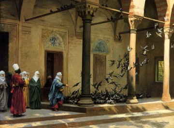 中庭でハトに餌をやるハーレムの女性たち ギリシャ・アラビアのオリエンタリズム ジャン・レオン・ジェローム Oil Paintings